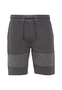 Pantalones cortos grises con una cinturilla con cordón. Presentan una textura superior suave y paneles en un gris oscuro en la sección inferior.