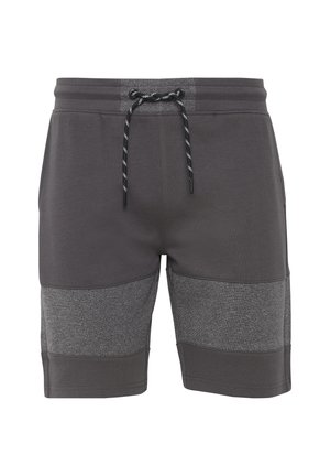 Graue Shorts mit einem Kordelzugbund. Sie haben eine glatte Oberfläche und dunkelgraue kontrastierende Einsätze im unteren Bereich.