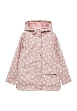 Růžový dětský nepromokavý kabátek s bílým vzorem sedmikrásek, předními druky, dvěma klopovými kapsami a připojenou kapucí.