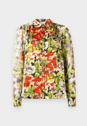 Blumenbluse mit Kragen, langen Ärmeln und durchgehender Knopfleiste. Mit roten, grünen und lila Blumenmustern auf hellem Hintergrund.