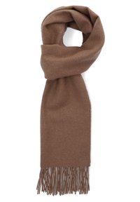 Brązowy wełniany szalik o miękkiej fakturze i frędzlami, w długim, prostokątnym kształcie i gładkim wykończeniu.