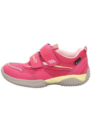 Pink and yellow children's athletic shoe with Velcro straps, breathable mesh, GORE-TEX tag, and textured gray sole for grip.