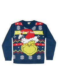Pullover natalizio blu navy con il Grinch che indossa un berretto rosso da Babbo Natale, con la scritta "Chi? Io? Grinchy?" e fiocchi di neve bianchi.