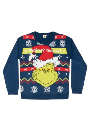 Navy blue Christmas sweater featuring the Grinch wearing a red Santa hat with text "Who? me? Grinchy?" and white snowflakes.