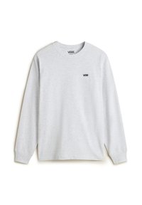 Gray long-sleeve t-shirt made from cotton, featuring a crew neck and a small black Vans logo on the left chest area. Smooth texture.