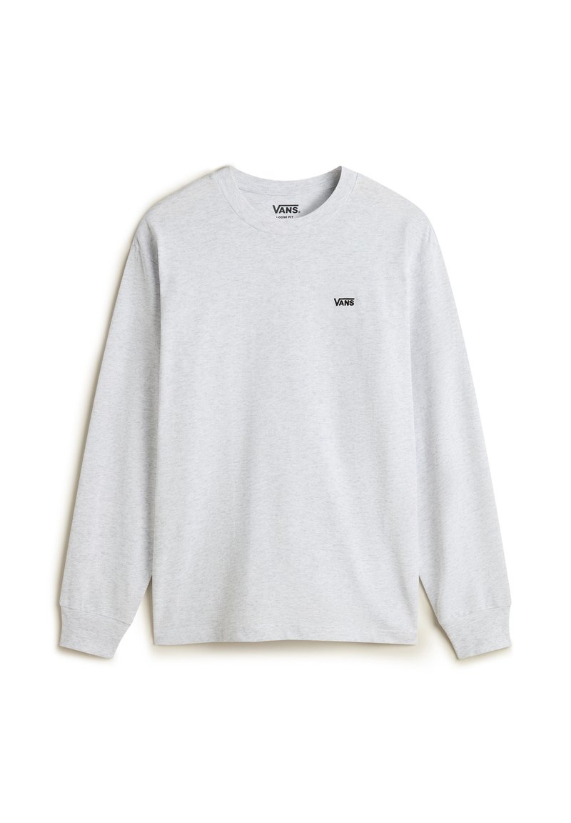 Grijze langslip t-shirt gemaakt van katoen, met een ronde hals en een klein zwart Vans-logo op de linkerborst. Soepele textuur.