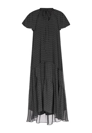 Schwarzes Maxikleid mit Muster, kurzen Ärmeln, einem gebundenen Ausschnitt und gestuftem Saum. Hergestellt aus leichtem, transparentem Stoff mit einem fließenden Design.