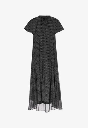 Schwarzes Maxikleid mit Muster, kurzen Ärmeln, einem gebundenen Ausschnitt und gestuftem Saum. Hergestellt aus leichtem, transparentem Stoff mit einem fließenden Design.