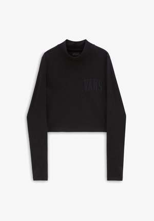 Czarna, krótka koszulka z długim rękawem, wykonana z gładkiego materiału, z okrągłym dekoltem i teksturowanym logiem "VANS" na lewej piersi.