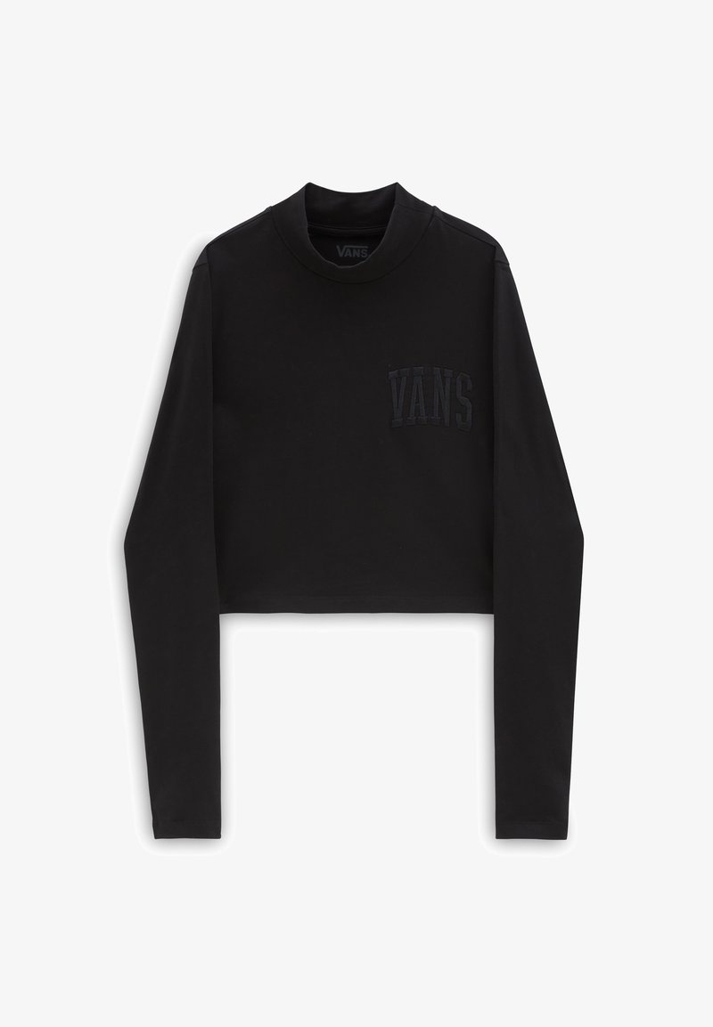 Mustaselkäinen lyhytnahkainen pitkähiha, joka on valmistettu sileästä kankaasta, jossa on pyöreä pääntie ja teksturoidut "VANS"-logo vasemmassa rinnan kohdalla.