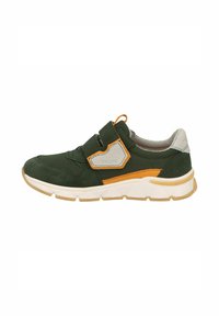 Green sneaker made of suede and mesh, featuring a white rubber sole, adjustable strap, gray accents, and orange detailing.