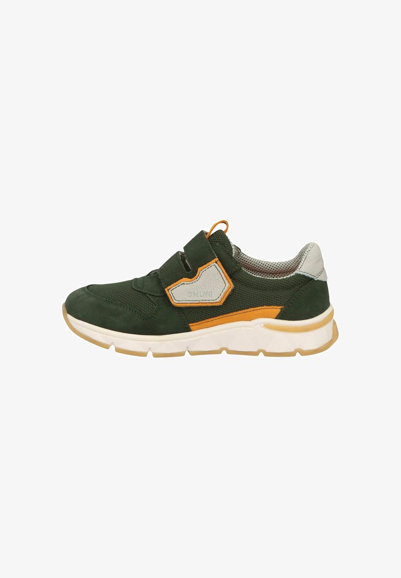Green sneaker made of suede and mesh, featuring a white rubber sole, adjustable strap, gray accents, and orange detailing.