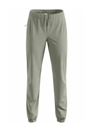 Light green athletic pants with an elastic waistband, adjustable drawstrings, and tapered legs. Features side pockets and a smooth texture.