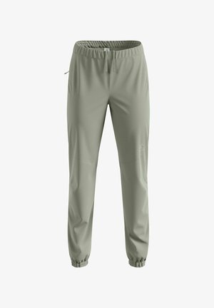 Light green athletic pants with an elastic waistband, adjustable drawstrings, and tapered legs. Features side pockets and a smooth texture.