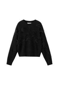 Pull en maille noir avec des manches longues, un col rond et une finition texturée. Présente des embellissements noirs en forme de plumes à l'avant.