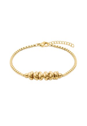 Gold chain bracelet with polished twisted oval beads at center and adjustable lobster clasp closure on white background.