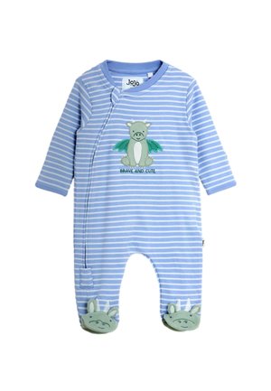 Modro-biele pruhované dojčenské body s dlhým rukávom, drakový motív s textom "Brave and Cute" a pripevnenými dinosaurími topánočkami.