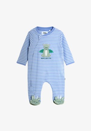 Body bébé rayé bleu et blanc à manches longues, motif dragon avec le texte « Brave and Cute » et chaussons dinosaure attachés.