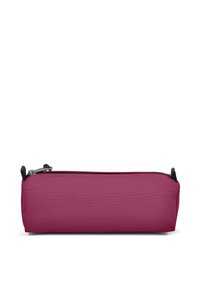 Pink pencil case with a textured surface, zip closure, and black accents. Cylindrical shape, suitable for storing writing instruments.