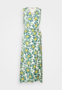 Robe portefeuille sans manches à col en V, imprimé de feuilles vertes et de fleurs jaunes sur fond blanc, taille nouée et ourlet longueur cheville.