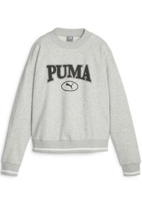 Felpa grigia con maniche lunghe, polsini e orlo a coste. Presenta un grande logo nero "PUMA" e un piccolo emblema del puma nero al centro.