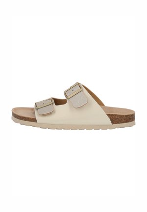 Sandali beige chiari con due cinghie regolabili, dotati di fibbie in argento. Sottopiede in sughero e suola in gomma testurizzata per comfort e aderenza.