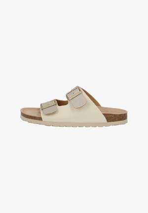 Lichtbeige sandalen met twee verstelbare banden, voorzien van zilveren gespen. Kurken voetbed en een gestructureerde rubberen zool voor comfort en grip.