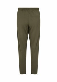 Olive green jogger pants with an elastic waistband, tapered legs, and a single back pocket. Made from soft, textured fabric.
