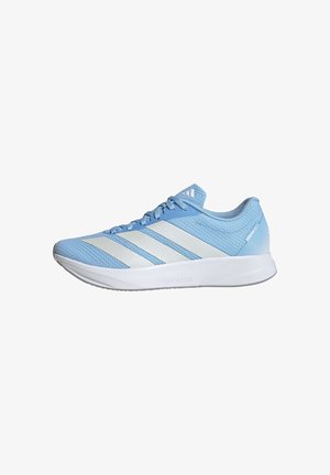 Light blue athletic shoes with a mesh upper, featuring three white stripes, a lightweight sole, and textured accents on the sides.