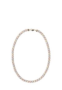 Metalkæde med skiftende links i rosaguld, sølv og guldbelægning; cirkulært design med lås. Glat tekstur hele vejen igennem.