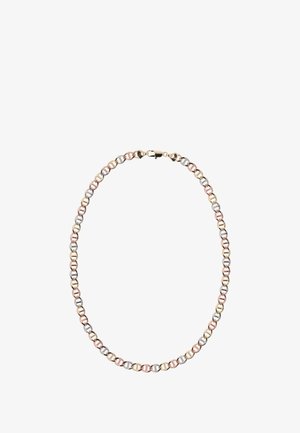 Metalowa naszyjnik z przemiennymi ogniwami w kolorze różowego złota, srebra i żółtego złota; okrągły kształt z zapięciem. Gładka tekstura na całej powierzchni.