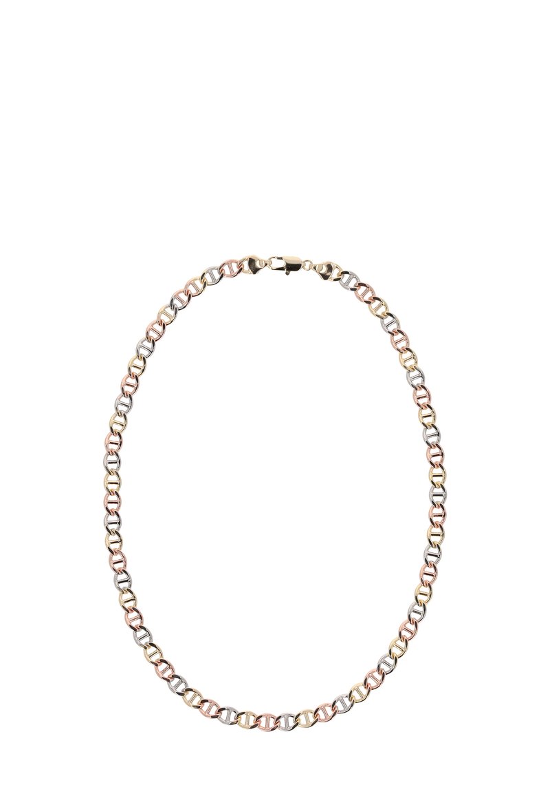 Metalkæde med skiftende links i rosaguld, sølv og guldbelægning; cirkulært design med lås. Glat tekstur hele vejen igennem.