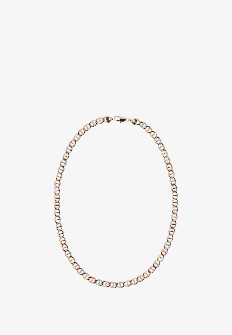 Metalkæde med skiftende links i rosaguld, sølv og guldbelægning; cirkulært design med lås. Glat tekstur hele vejen igennem.