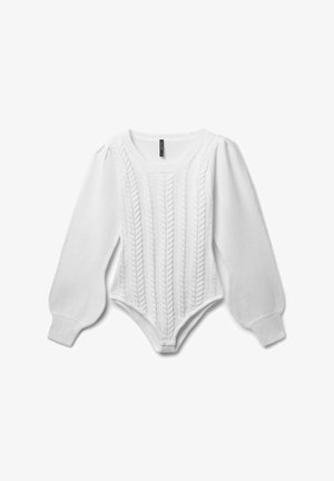 Weißer gestrickter Bodysuit mit langen Puffärmeln, strukturiertem Zopfmuster auf der Vorderseite, gerippten Bündchen und taillierter Silhouette.