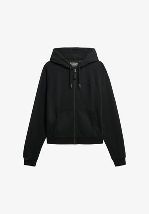 Sudadera negra con cremallera y capucha ajustable, bolsillos frontales y puños acanalados. Fabricada con un tejido suave y de textura lisa.