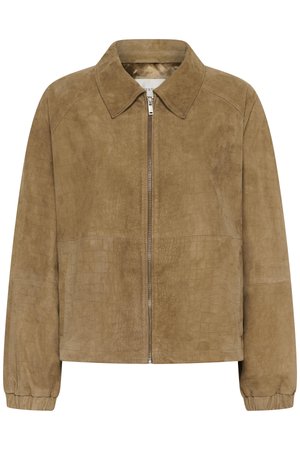 Brązowa zamszowa kurtka o fakturze krokodyla, z przednim zamkiem błyskawicznym, kołnierzem, długimi rękawami i elastycznymi mankietami.