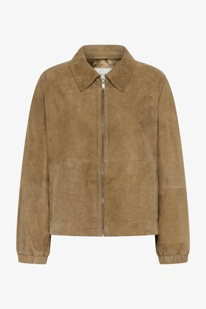 Jachetă maro din piele întoarsă, cu textură de crocodil, fermoar frontal, guler, mâneci lungi și manșete elastice.