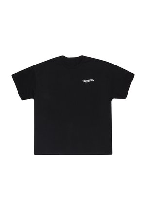 Schwarzes T-Shirt mit kurzen Ärmeln aus Baumwolle, mit einem weißen Hot Wheels-Logo auf der linken Brustseite und einem klassischen Rundhalsausschnitt.
