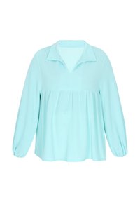 Hellblaue Bluse mit vertikalen Streifen, einem Kragen und langen Puffärmeln. Verfügt über einen fließenden, entspannte Schnitt mit einer gerafften Taille.