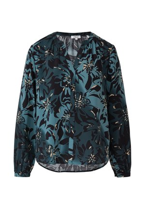 Floral blouse in teal and black, featuring a V-neck, long sleeves, and a button front. Made from lightweight, smooth fabric with a subtle sheen.