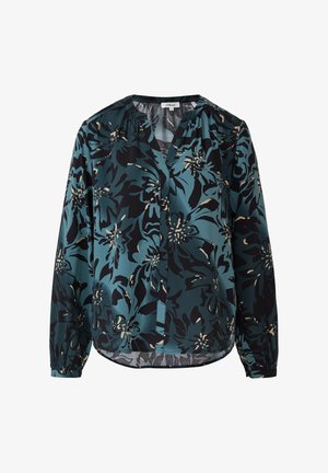 Tee- ja musta lilleline pluus, millel on V-kaelus, pikad varrukad ja nööpidega eesosa. Valmistatud kergest, siledast kangast, millel on õrn sära.