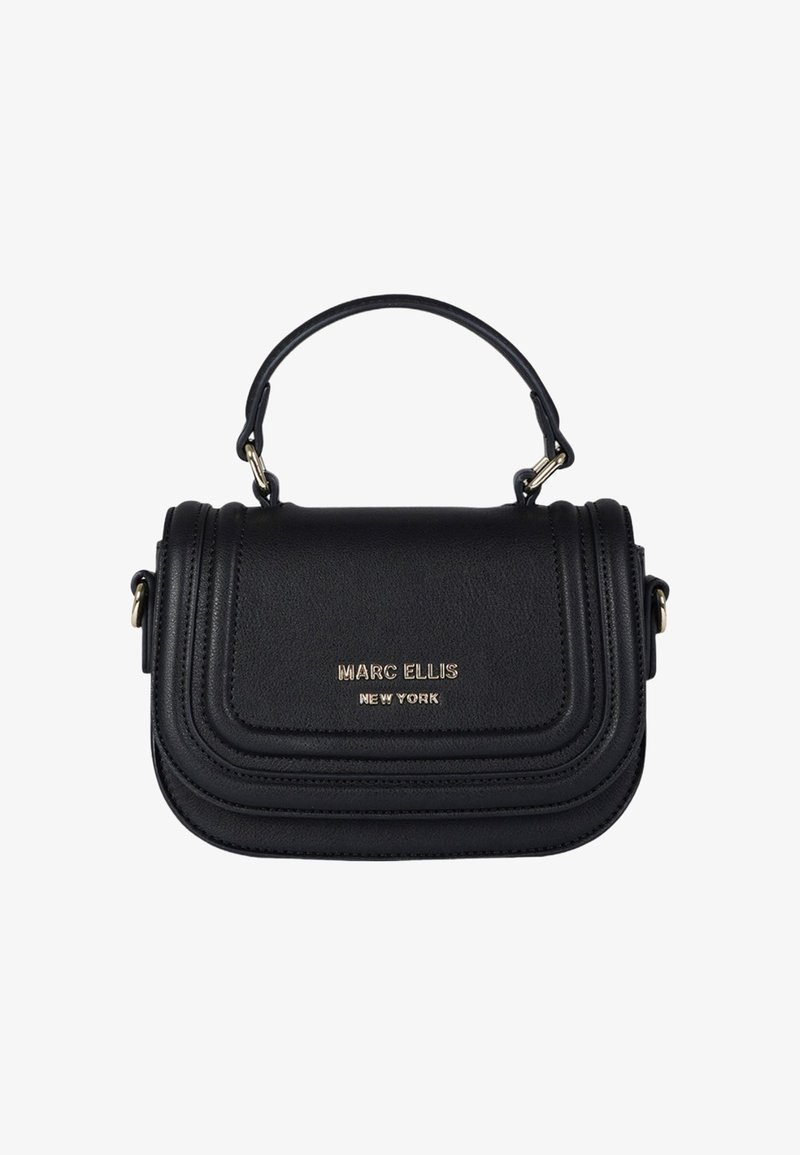 Borsa nera in pelle con design strutturato, caratterizzata da un manico superiore, logo dorato e dettagli cuciti per la texture.