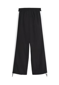 Zwarte wijde broek met een elastische tailleband, voorzien van witte zijstrepen en verstelbare koordjes aan de zoom. Gladde, lichtgewicht stof.