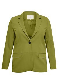 Olijfgroen blazer met een gestructureerd ontwerp, enkele zwarte knoopsluiting, gelapte revers en twee voorzakken. Gladde stoftextuur.
