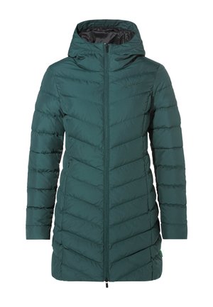 Jachetă izolată verde cu un model în zigzag, închidere cu fermoar și glugă; are un finisaj neted și o căptușeală interioară contrastantă.