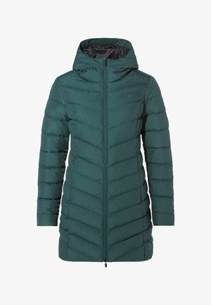 Jachetă izolată verde cu un model în zigzag, închidere cu fermoar și glugă; are un finisaj neted și o căptușeală interioară contrastantă.