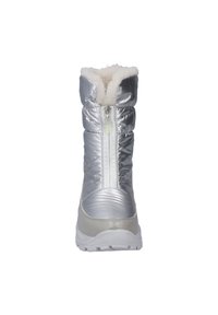 Botas de tobillo aisladas de color plateado con un zipper frontal, forro blanco de felpa y una suela texturizada en gris. La parte superior presenta un diseño acolchado.