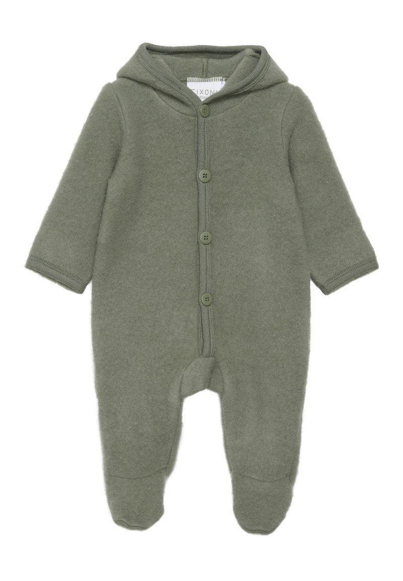 Olivgrüner Fleece-Overall mit Kapuze, langen Ärmeln, Knopfverschluss und geschlossenen Füßen. Hat eine weiche Textur und gerippte Abschlüsse.