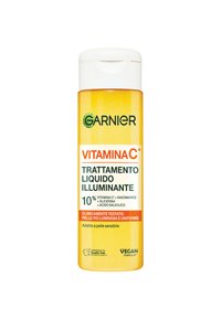 Bottiglia di plastica trasparente con un liquido giallo; presenta un tappo flip-top bianco e testo nero su un'etichetta vivace. Contiene il 10% di Vitamina C.