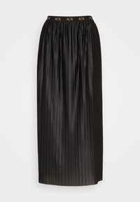 Černá plisovaná sukně s hladkou texturou, elastickým pasem s logem a dlouhým, rozpínavým střihem.